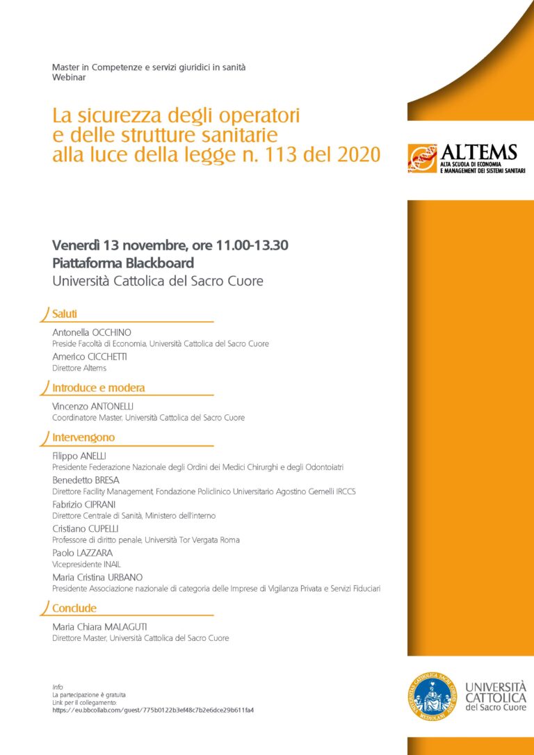 “La sicurezza degli operatori e delle strutture sanitarie  alla luce della legge n.  113 del 2020” – 13 novembre 2020