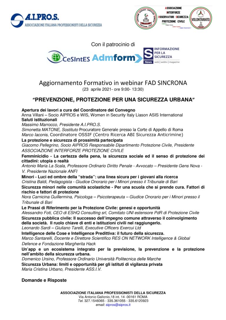 23 aprile 2021 – “Prevenzione, Protezione per una Sicurezza Urbana”