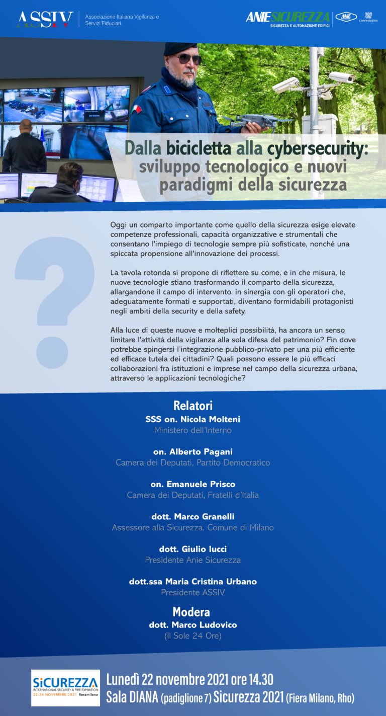 “Dalla bicicletta alla cybersecurity: sviluppo tecnologico e nuovi paradigmi della sicurezza”. Lunedì 22 novembre 2021. Sicurezza 2021