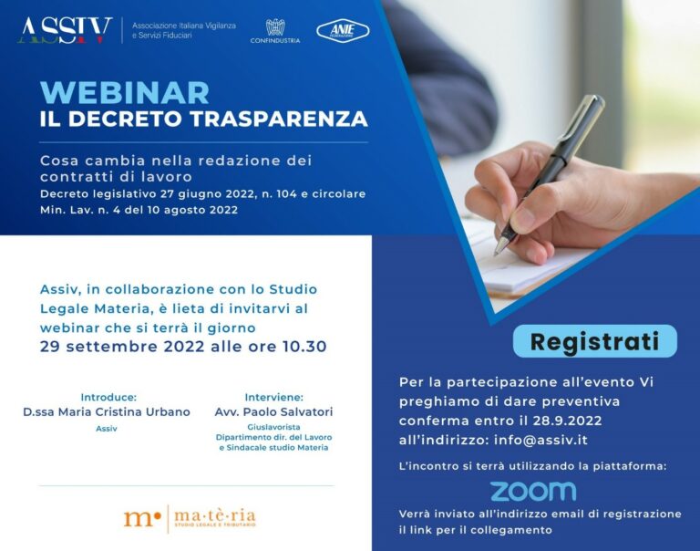 Webinar ASSIV: Decreto Trasparenza – Giovedì 29 Settembre 2022- Ore 10.30