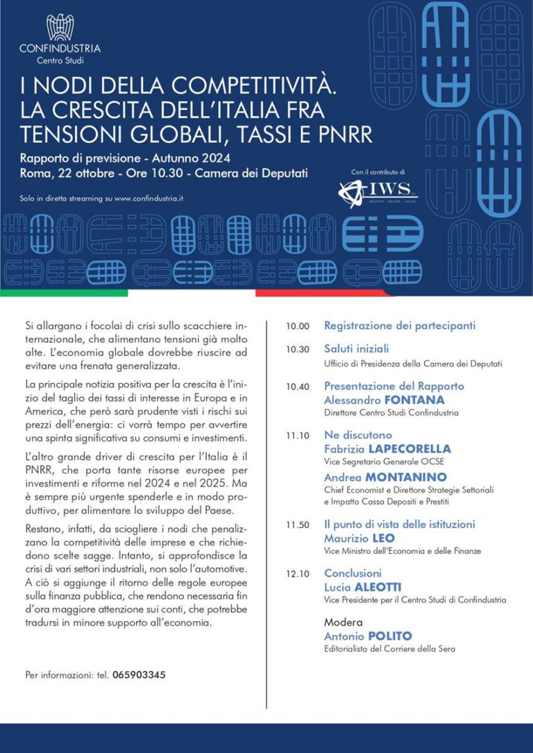 “I nodi della competitività. La crescita dell’Italia fra tensioni globali, tassi e PNRR”. Rapporto di previsione Centro Studi Confindustria – Online 22/10/2024 ore 10:30