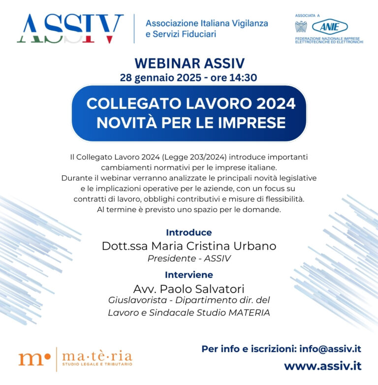 Save the Date! Collegato Lavoro 2024: Novità per le imprese. Webinar ASSIV 28 gennaio 2025 ore 14:30