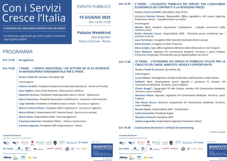 Manifesto dell’Economia dei Servizi: Programma “Con i Servizi cresce l’Italia” – 19/06/2025 ore 14:00, Palazzo Wedekind
