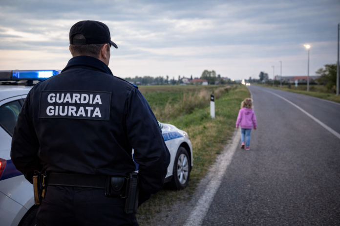 Guardia giurata sorveglia la strada rurale