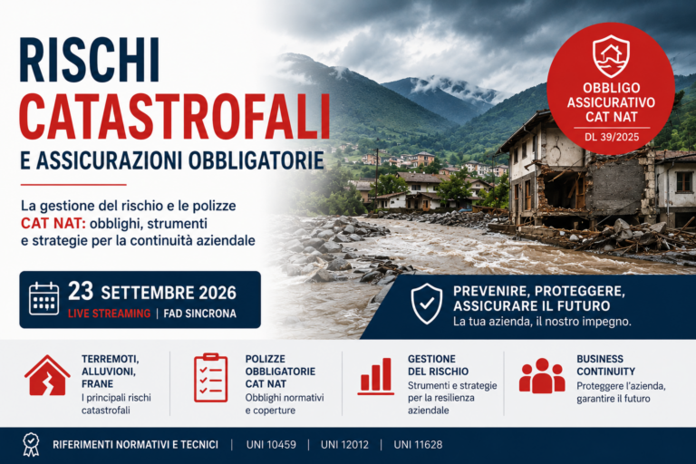 ICMQ: Corso Rischi Catastrofali e Assicurazioni Obbligatorie (Cat Nat): Normativa, pianificazione e valutazione del rischio – 23 Settembre 2026 ore 09:00 – 18:00